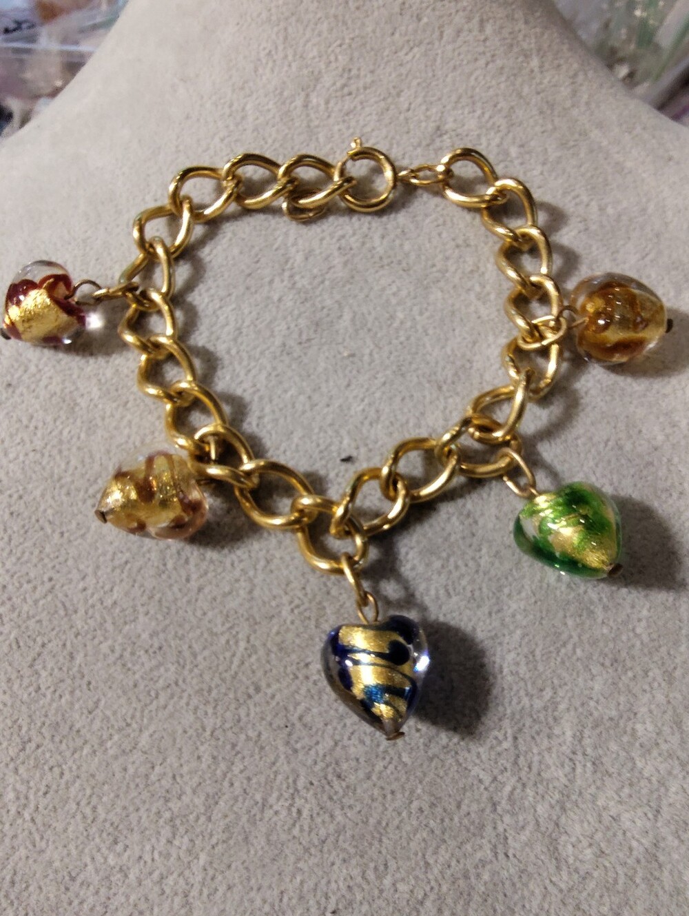 Murano Venetian Style Glass Multicolor Heart Goldtone Charm Bracelet 7.5"